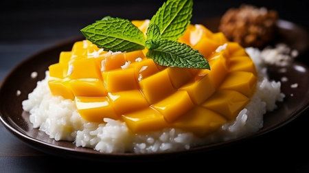Thai delicacy called mango sticky rice is created from sticky rice, mango, and coconut milk. GENERATE AIの素材