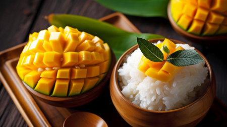 Thai delicacy called mango sticky rice is created from sticky rice, mango, and coconut milk. GENERATE AIの素材