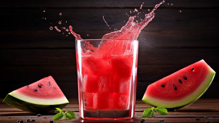 Watermelon juice splashed in a glass on a hardwood floor for photography. GENERATE AIの素材