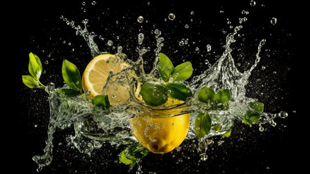 water splash images of On a dark background, a full glass of fresh sparkling water with lemon and mint. GENERATE AIの素材