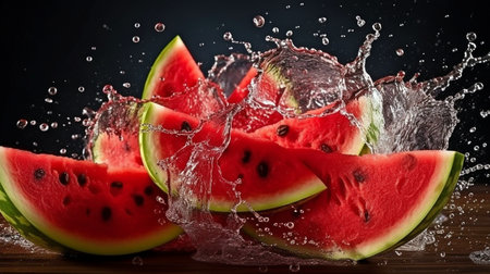 photography of water splashes Watermelon slices and liquid in a composition on a wooden background. Summer fruits. GENERATE AIの素材
