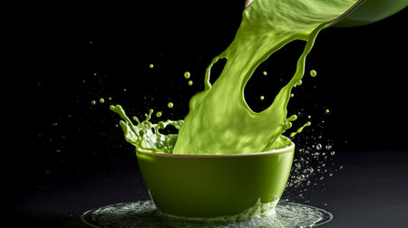 photographing green Japanese matcha tea with milk in a stream of water.The liquid is spilled with a splash and splashes into a white cup. GENERATE AIの素材