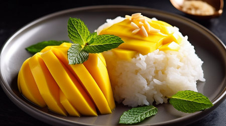 Thai delicacy called mango sticky rice is created from sticky rice, mango, and coconut milk. GENERATE AIの素材