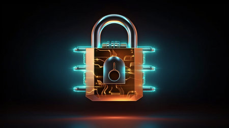 Illustration of a padlock icon on a dark backdrop showing a 3D rendering of information security. GENERATE AIの素材