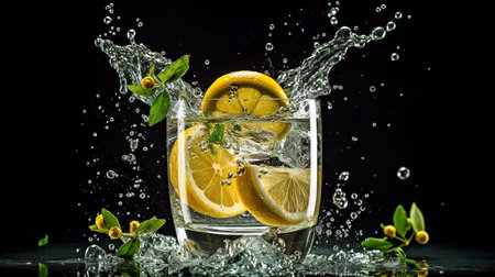 water splash images of On a dark background, a full glass of fresh sparkling water with lemon and mint. GENERATE AIの素材