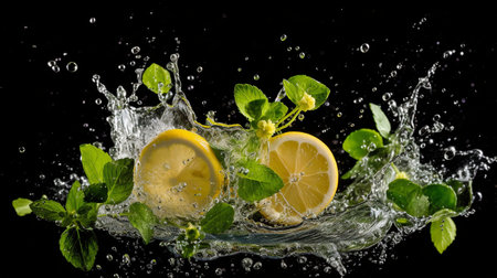 water splash images of On a dark background, a full glass of fresh sparkling water with lemon and mint. GENERATE AIの素材