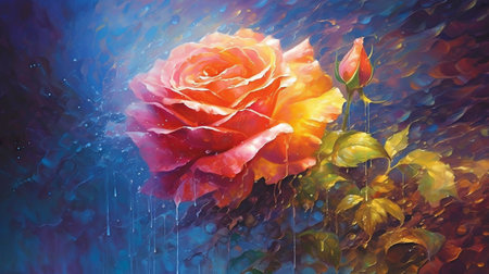 The eternal beauty of a rose combines with cascading water to take on a hypnotic form in this intriguing colorful picture. GENERATE AIの素材
