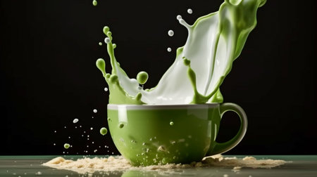photographing green Japanese matcha tea with milk in a stream of water.The liquid is spilled with a splash and splashes into a white cup. GENERATE AIの素材