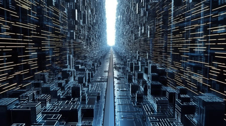Abstract freeway route through city's digital binary skyscrapers rendered in three dimensions. Big data, artificial intelligence, machine learning, hyperloops, virtual reality, and high-speed networks are concepts. GENERATE AIの素材