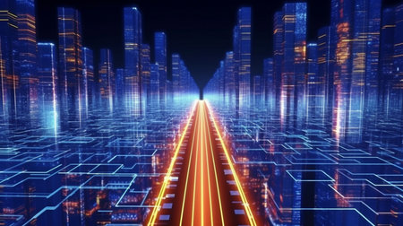 Abstract freeway route through city's digital binary skyscrapers rendered in three dimensions. Big data, artificial intelligence, machine learning, hyperloops, virtual reality, and high-speed networks are concepts. GENERATE AIの素材