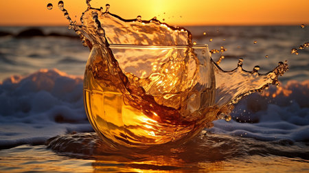 The beer provides an interesting demonstration of liquid fusion. The golden sea was punctured by crystal-clear water, which caused ripples and splashes. GENERATE AIの素材