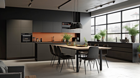 Stunning matte black open concept kitchen with a dining space. GENERATE AIの素材