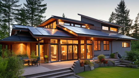 Rooftop solar panels on a stunning contemporary house. GENERATE AIの素材