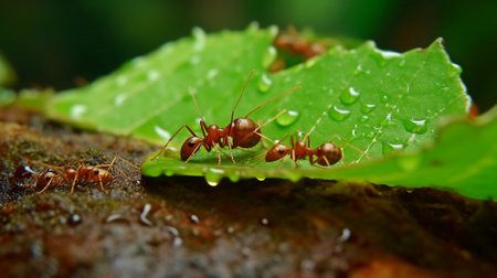 On the backdrop of the leaves are ants moving. GENERATE AIの素材