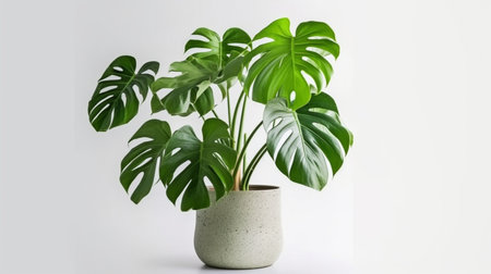 Monstera in a container, close-up of tropical foliage, or houseplant growing indoors for ornamental purposes, isolated on white.  GENERATE AIの素材