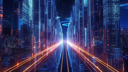 Abstract freeway route through city's digital binary skyscrapers rendered in three dimensions. Big data, artificial intelligence, machine learning, hyperloops, virtual reality, and high-speed networks are concepts. GENERATE AIの素材