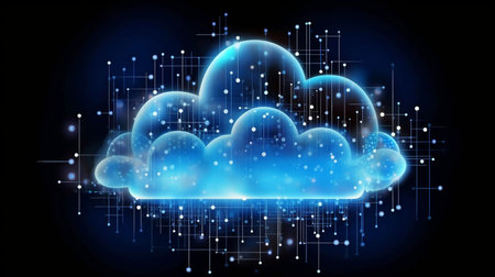 Technology idea with a glowing cloud symbol, an exploding panel with cloud services and data protection, and information processing using artificial intelligence.  GENERATE AIの素材