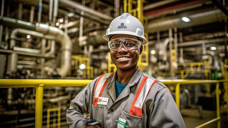 in the overall context Dedicated engineer grinning at an oil plant Field-specific knowledge and creativity are needed.  GENERATE AIの素材