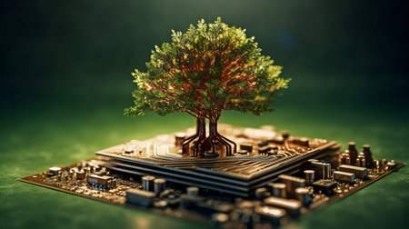 On the circuit board of a microchip computer, a lovely huge tree growing illustrates the idea of digital business CSR and ethics. GENERATE AIの素材