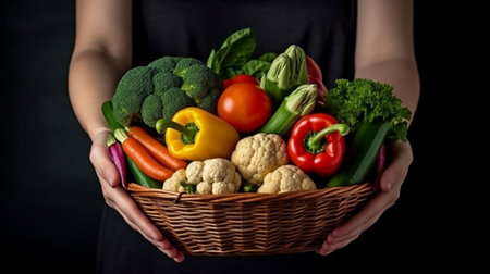 Close-up of a woman holding a wicker basket containing fresh veggies against a dark backdrop. GENERATE AIの素材