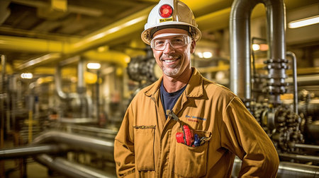 in the overall context Dedicated engineer grinning at an oil plant Field-specific knowledge and creativity are needed.  GENERATE AIの素材