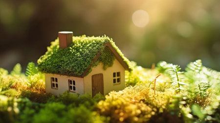 Green home. Concept for ecologically efficient and green dwelling. a tiny wooden home set between ferns, moss, and springtime grass on a beautiful day. GENERATE AIの素材