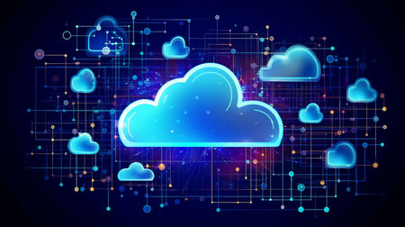 Technology idea with a glowing cloud symbol, an exploding panel with cloud services and data protection, and information processing using artificial intelligence.  GENERATE AIの素材