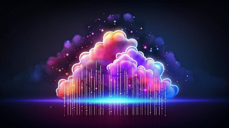 Technology idea with a glowing cloud symbol, an exploding panel with cloud services and data protection, and information processing using artificial intelligence.  GENERATE AIの素材