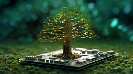 On the circuit board of a microchip computer, a lovely huge tree growing illustrates the idea of digital business CSR and ethics. GENERATE AIの素材