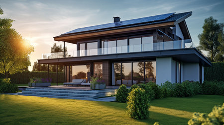 Rooftop solar panels on a stunning contemporary house. GENERATE AIの素材