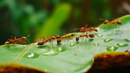 On the backdrop of the leaves are ants moving. GENERATE AIの素材