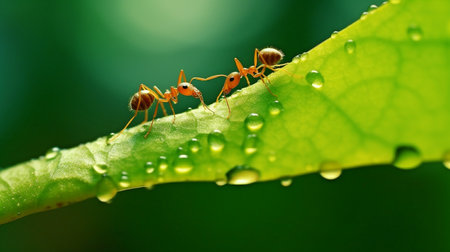 On the backdrop of the leaves are ants moving. GENERATE AIの素材