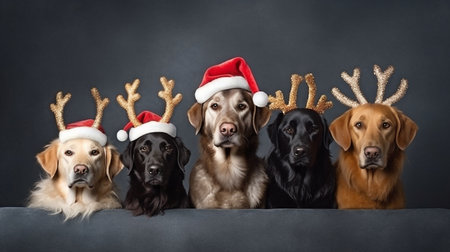 Christmas decorations include a red Santa Claus cap, red gift ribbons, and reindeer antlers on the banner five dogs. On an isolated, dark gray backdrop. GENERATE AIの素材