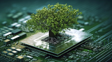 On the circuit board of a microchip computer, a lovely huge tree growing illustrates the idea of digital business CSR and ethics. GENERATE AIの素材