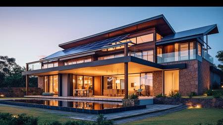 Rooftop solar panels on a stunning contemporary house. GENERATE AIの素材