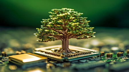 On the circuit board of a microchip computer, a lovely huge tree growing illustrates the idea of digital business CSR and ethics. GENERATE AIの素材