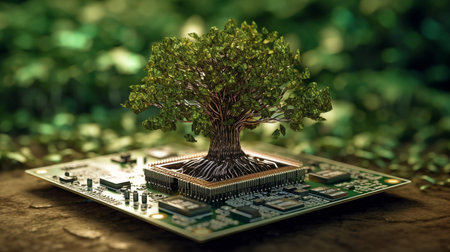 On the circuit board of a microchip computer, a lovely huge tree growing illustrates the idea of digital business CSR and ethics. GENERATE AIの素材