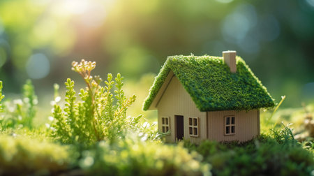 Green home. Concept for ecologically efficient and green dwelling. a tiny wooden home set between ferns, moss, and springtime grass on a beautiful day. GENERATE AIの素材
