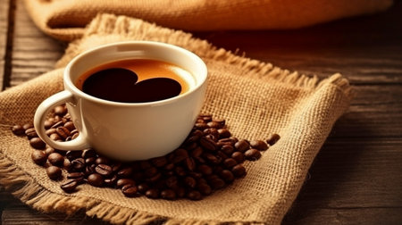 White, steaming coffee cup with heart-shaped background on an antique table with bags of coffee beans. GENERATE AIの素材