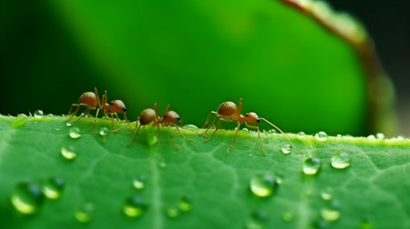 On the backdrop of the leaves are ants moving. GENERATE AIの素材