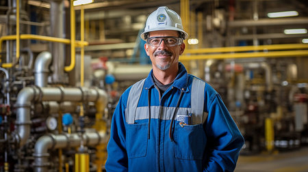 in the overall context Dedicated engineer grinning at an oil plant Field-specific knowledge and creativity are needed.  GENERATE AIの素材