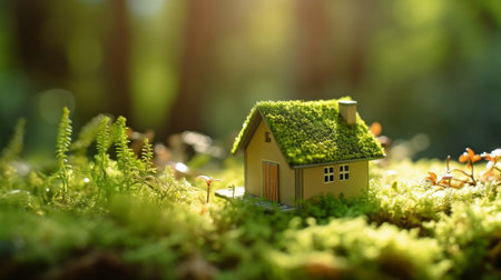 Green home. Concept for ecologically efficient and green dwelling. a tiny wooden home set between ferns, moss, and springtime grass on a beautiful day. GENERATE AIの素材