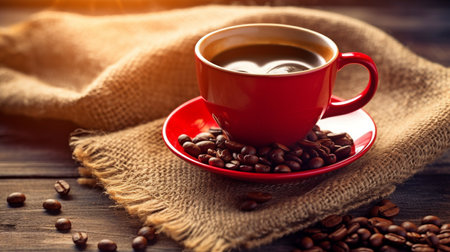 White, steaming coffee cup with heart-shaped background on an antique table with bags of coffee beans. GENERATE AIの素材