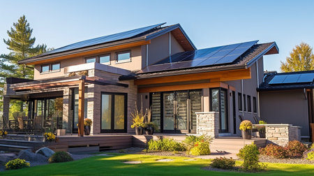 Rooftop solar panels on a stunning contemporary house. GENERATE AIの素材