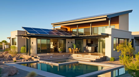 Rooftop solar panels on a stunning contemporary house. GENERATE AIの素材