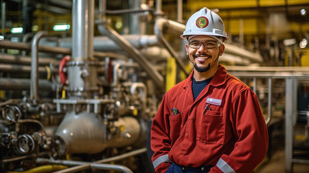 in the overall context Dedicated engineer grinning at an oil plant Field-specific knowledge and creativity are needed.  GENERATE AIの素材