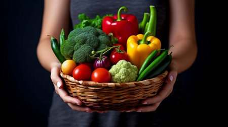 Close-up of a woman holding a wicker basket containing fresh veggies against a dark backdrop. GENERATE AIの素材