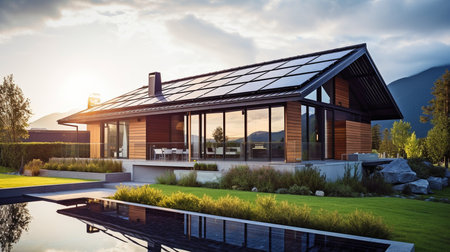 Rooftop solar panels on a stunning contemporary house. GENERATE AIの素材