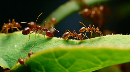 On the backdrop of the leaves are ants moving. GENERATE AIの素材