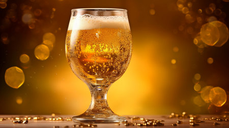 Beer in the color of gold stood tall in a glass. The water's surface was excitedly covered in its bubbling bubbles. delight and newness. GENERATE AIの素材